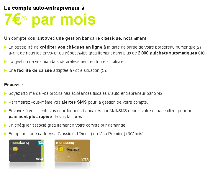 Résumé de l'offre compte courant auto-entrepreneur chez Monabanq