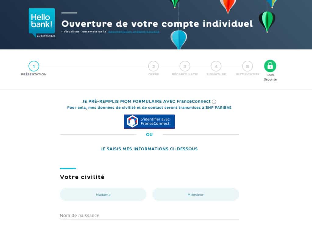 formulaire d'ouverture de compte Hello bank!