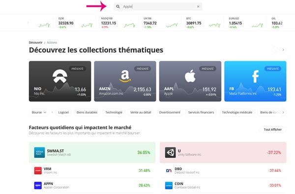 trouver une action avec eToro