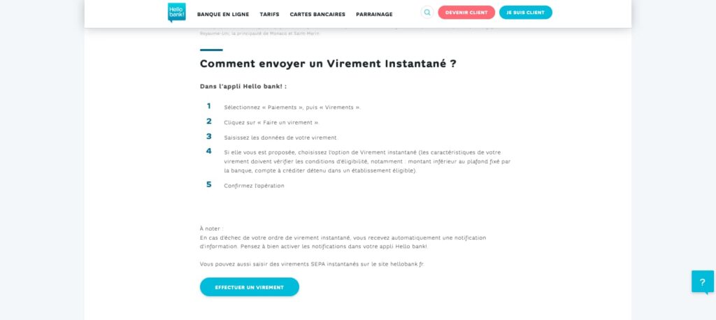 Envoi virement instantané Hello bank!